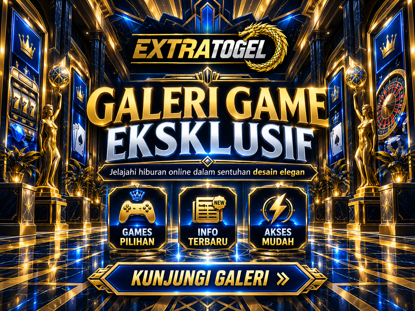 Banner EXTRATOGEL dengan galeri art deco berornamen emas dan lantai marmer biru tua